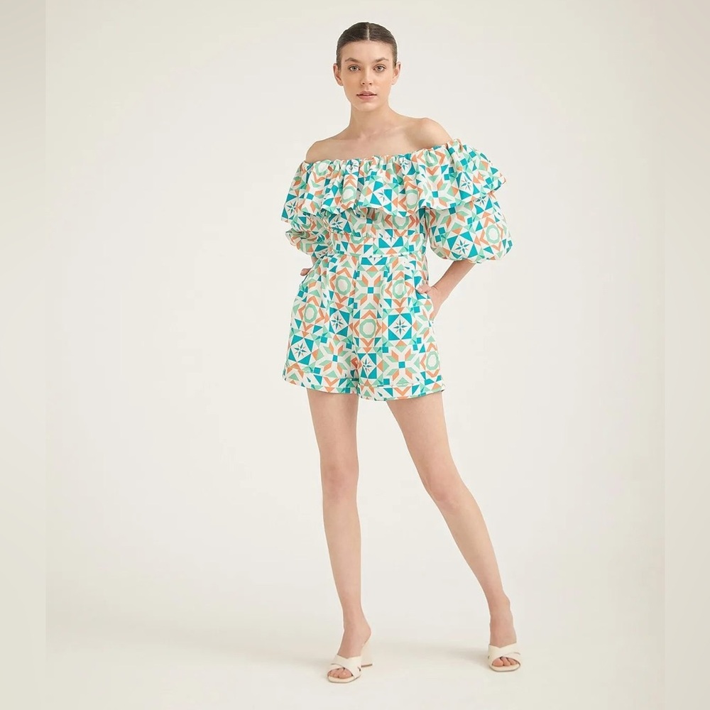 Silka Fatima Romper Turquoise Coral Geometric Print Off-shoulder Ruffle